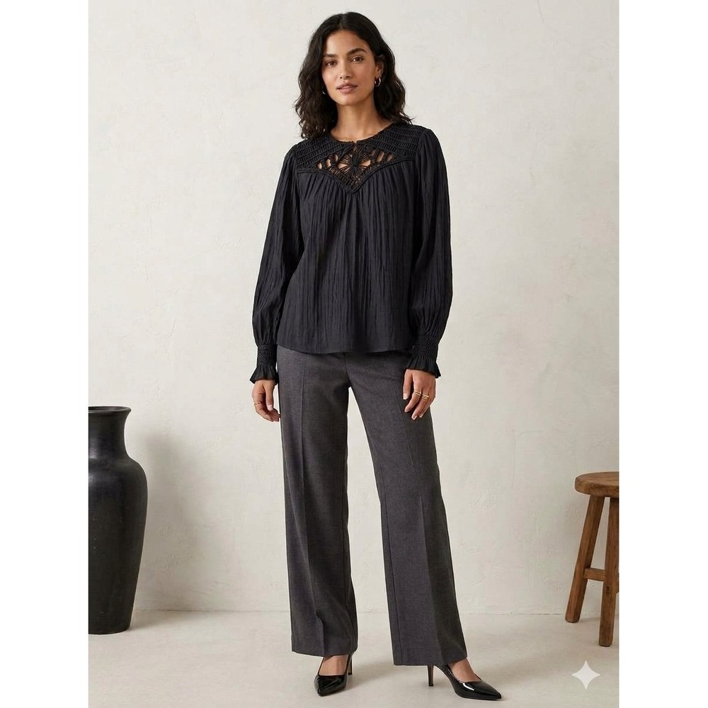 Ramy Brook Exclusive Sarah Black Macrame Crochet Yoke Blouse XXS A04232010